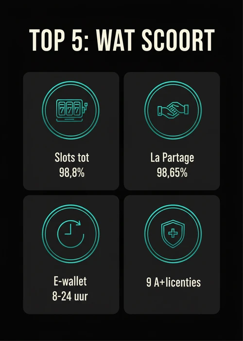 Een overzicht van de top 5 hoogste RTP casino's in België met hun logo's en een grafiek die de uitbetalingspercentages toont.