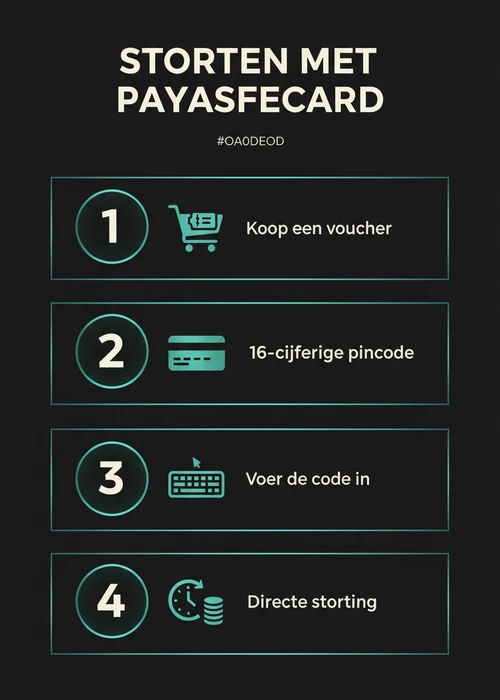 Afbeelding van een Paysafecard voucher met de Belgische vlag op de achtergrond en casino speelsymbolen