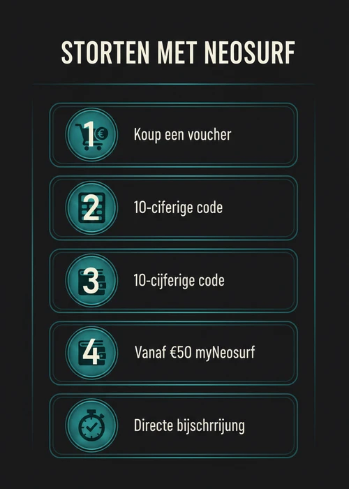 Een Neosurf voucher met Belgische eurobiljetten op de achtergrond, symbool voor veilige online betalingen in casino's.