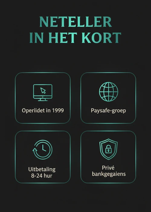 Afbeelding van een Neteller logo naast munten en speelkaarten, symboliserend snelle casino transacties in België.
