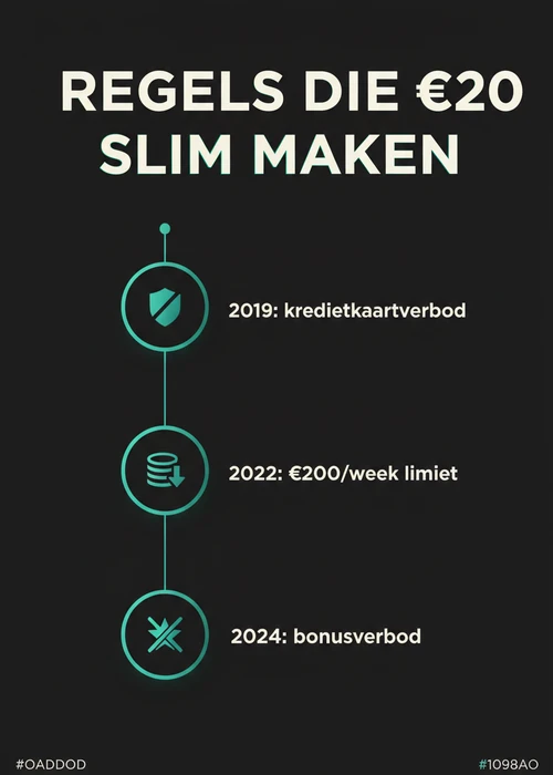 Speelkaarten, fiches en een stapel euromunten op een casinotafel, symboliserend een 20 euro storting.
